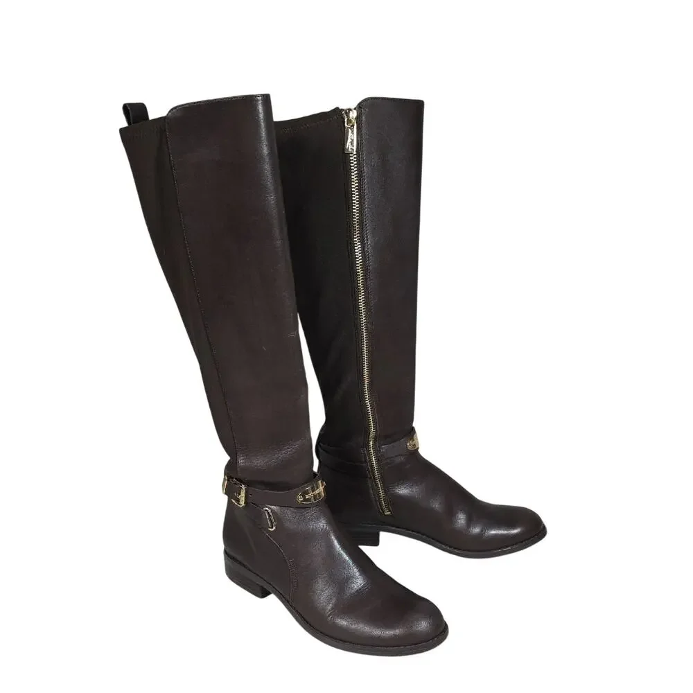 Michael Kors Arley Dark Brown Leather Boots with Gold Hardware Womens 7